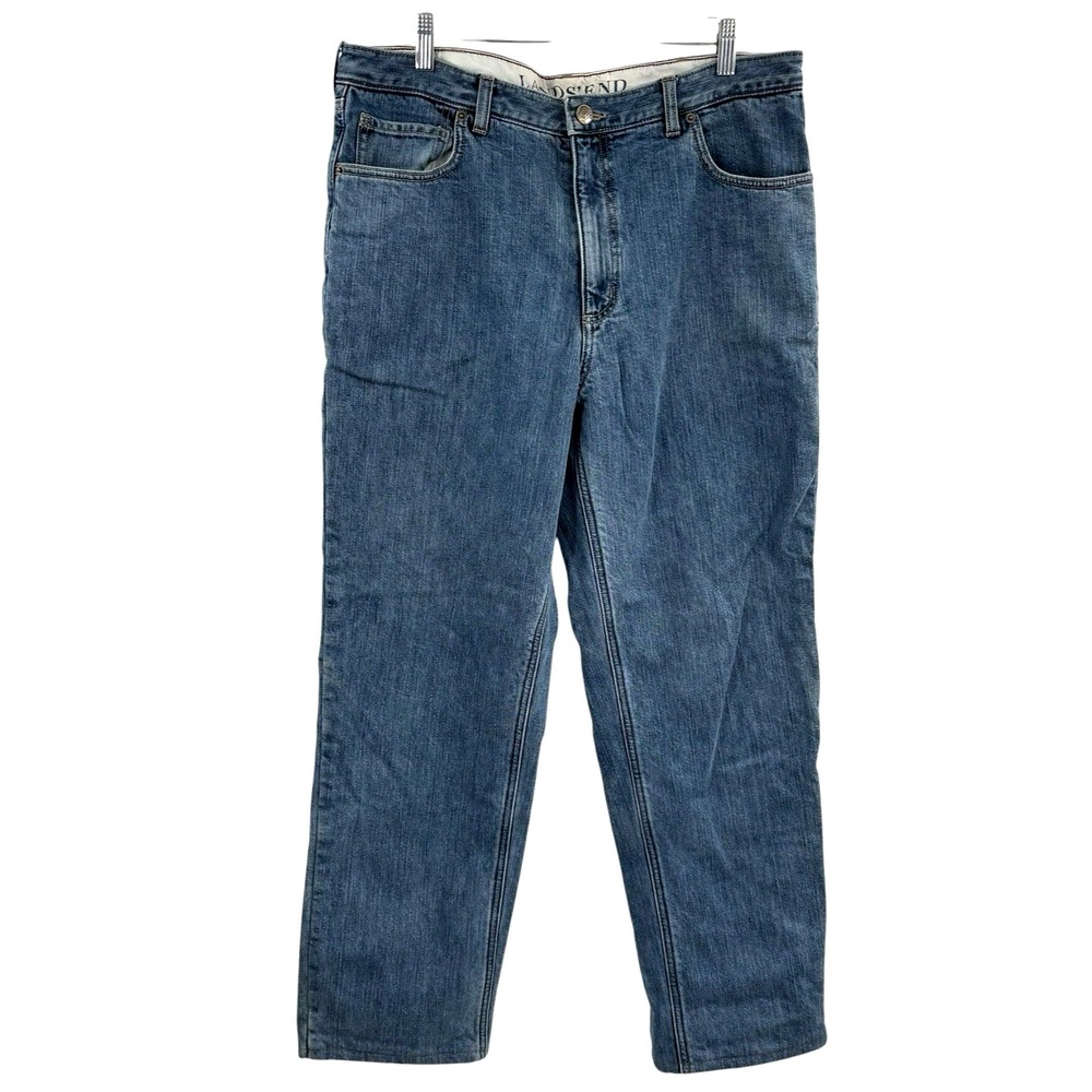 Lands End Jean Flannel Lined‎ Size 35 Traditional Fit Pants Denim Blue Work